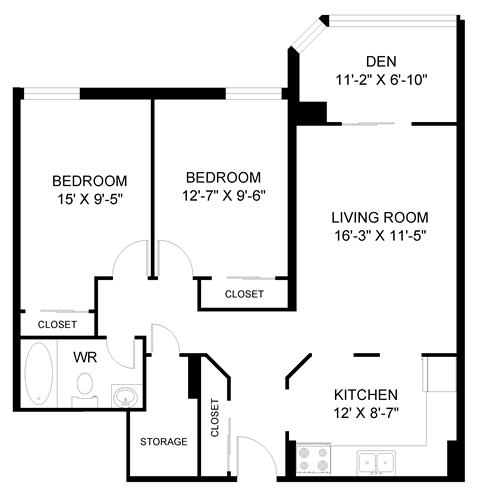 Floor plan for 2 beds, 1 bath, 910 sqft